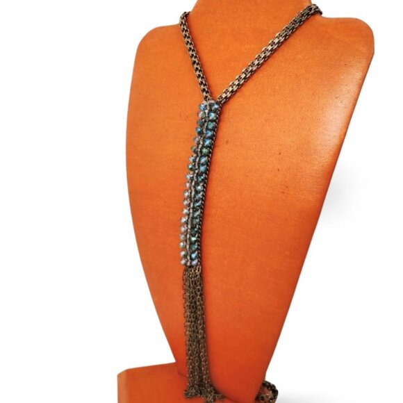 Elegant Antique Gold Aurora Caviar Bead Fringe Tassel Chain 31” Necklace JW1540 - Picture 3 of 5